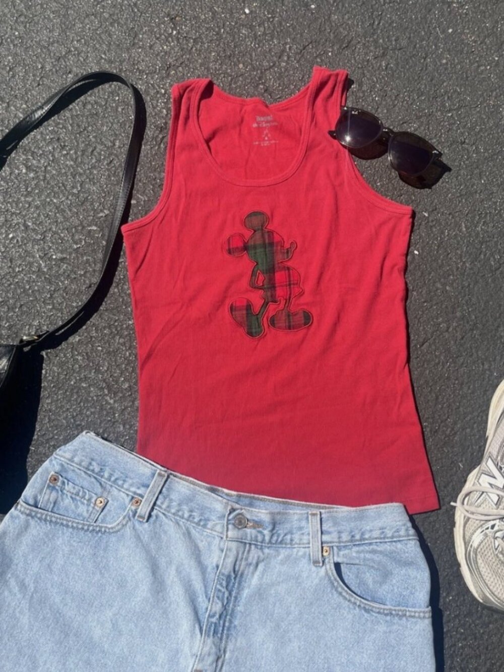Walt Disney World Mickey Mouse Tank Top Plaid, Red with Green - Size M